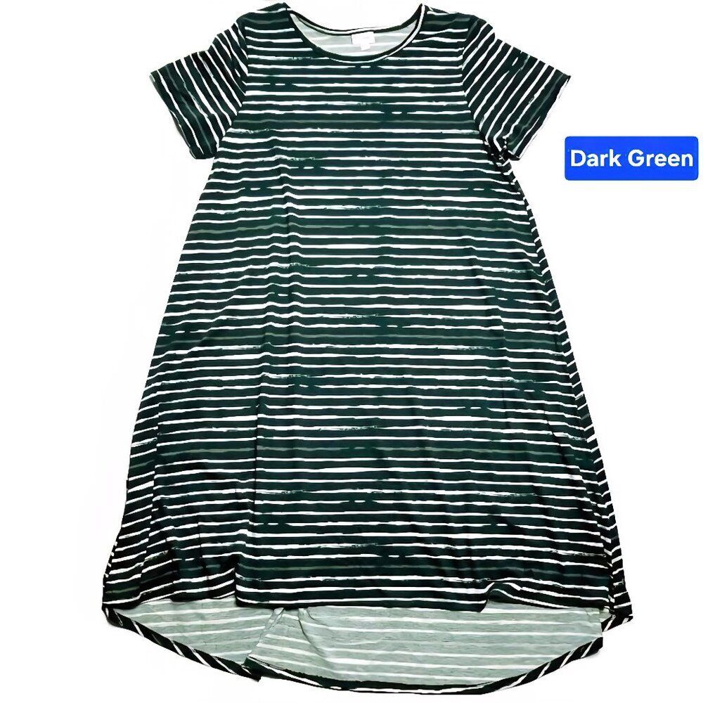 NEW LuLaRoe Large Carly Dark Green White Striped Swing Dress High Low Flowy‎